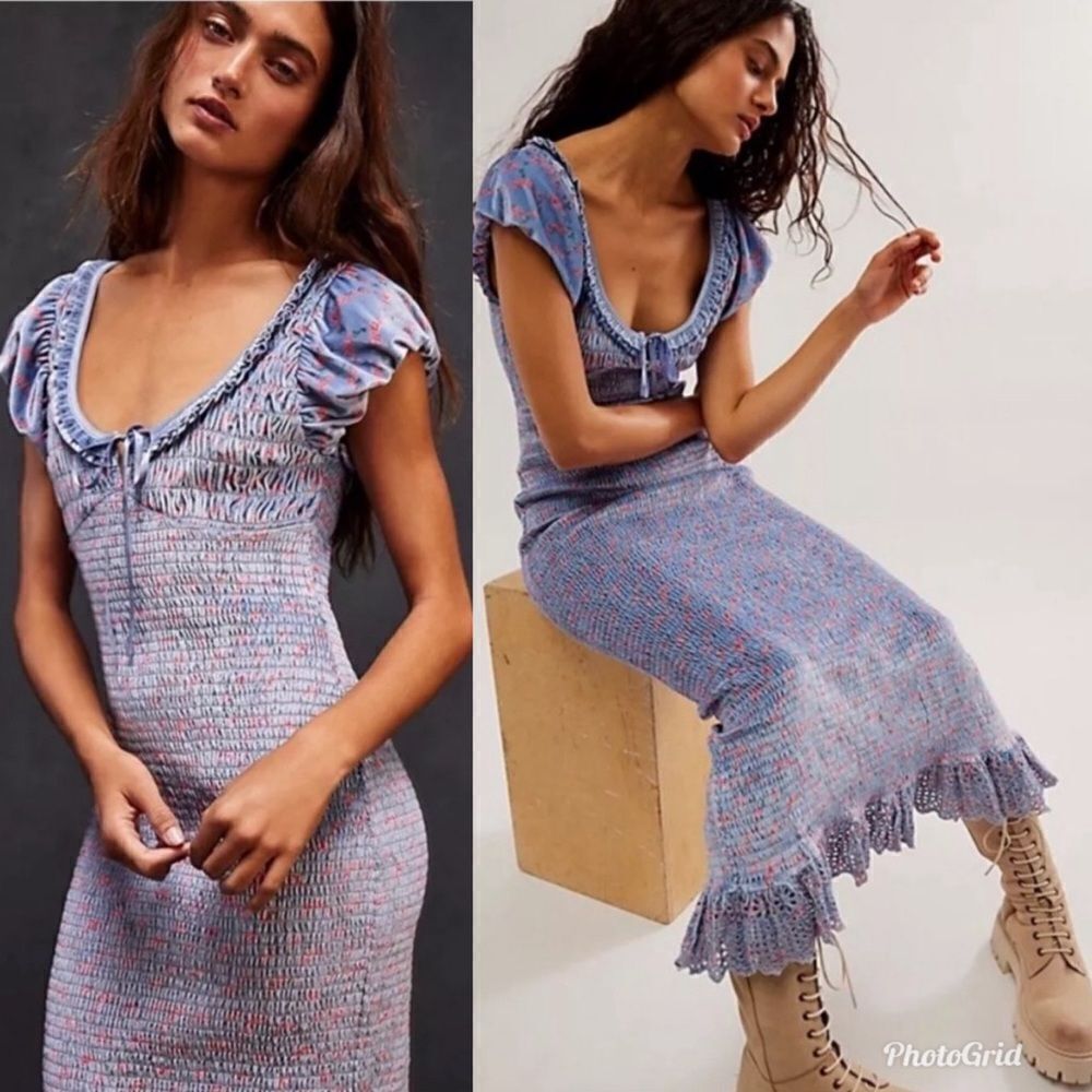 Revolve Free People Mckenna Velvet Midi Dress Smocked Slim Fitted Blue Combo - Picture 2 of 10